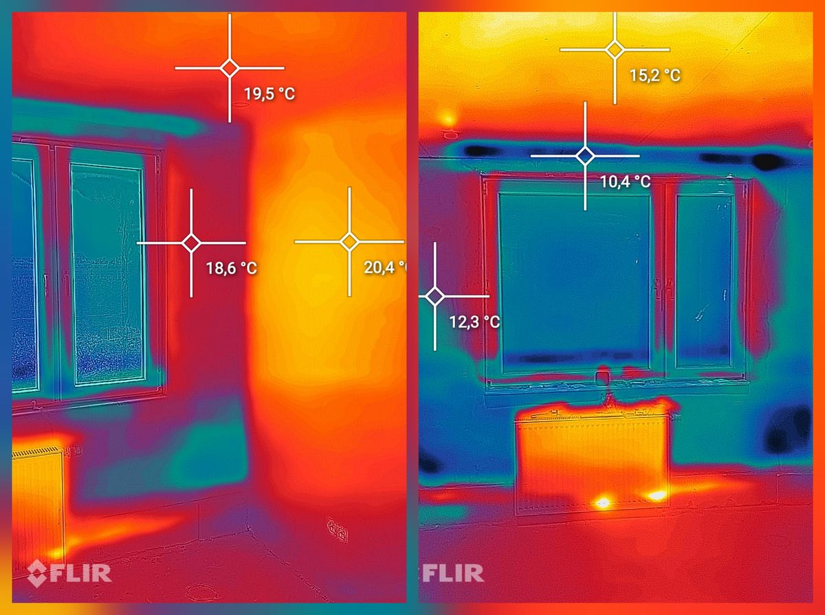 Deux thermographies d'une pièce à vivre, côte à côte. À droite, des points de mesure froids avec 15,2, 10,4 et 12,3 degrés au mur et au linteau de fenêtre ; à gauche, le même endroit avec 19,5, 18,6 et 20,4 degrés.