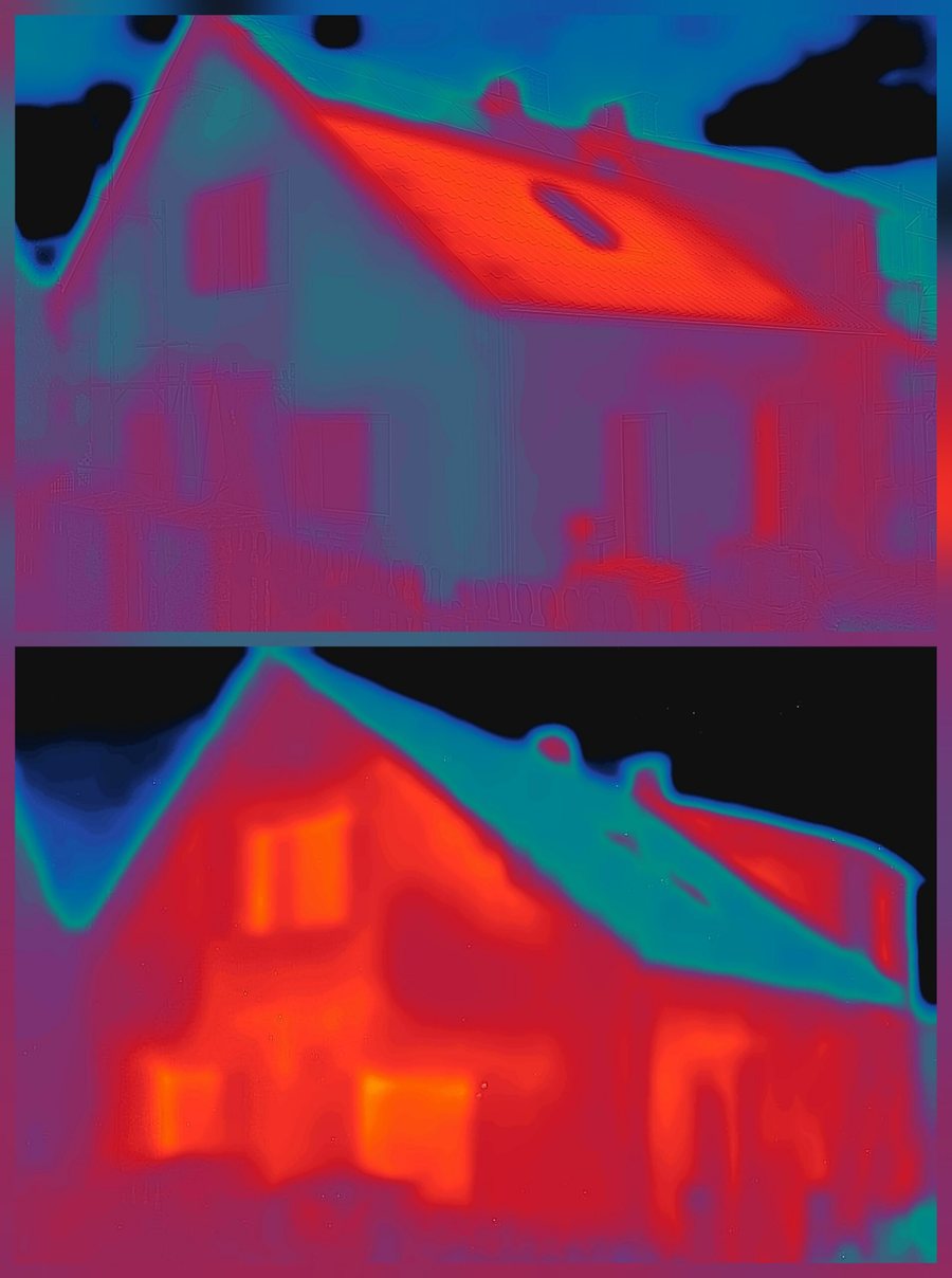 Deux thermographies superposées de la même maison d'habitation, avant et après application