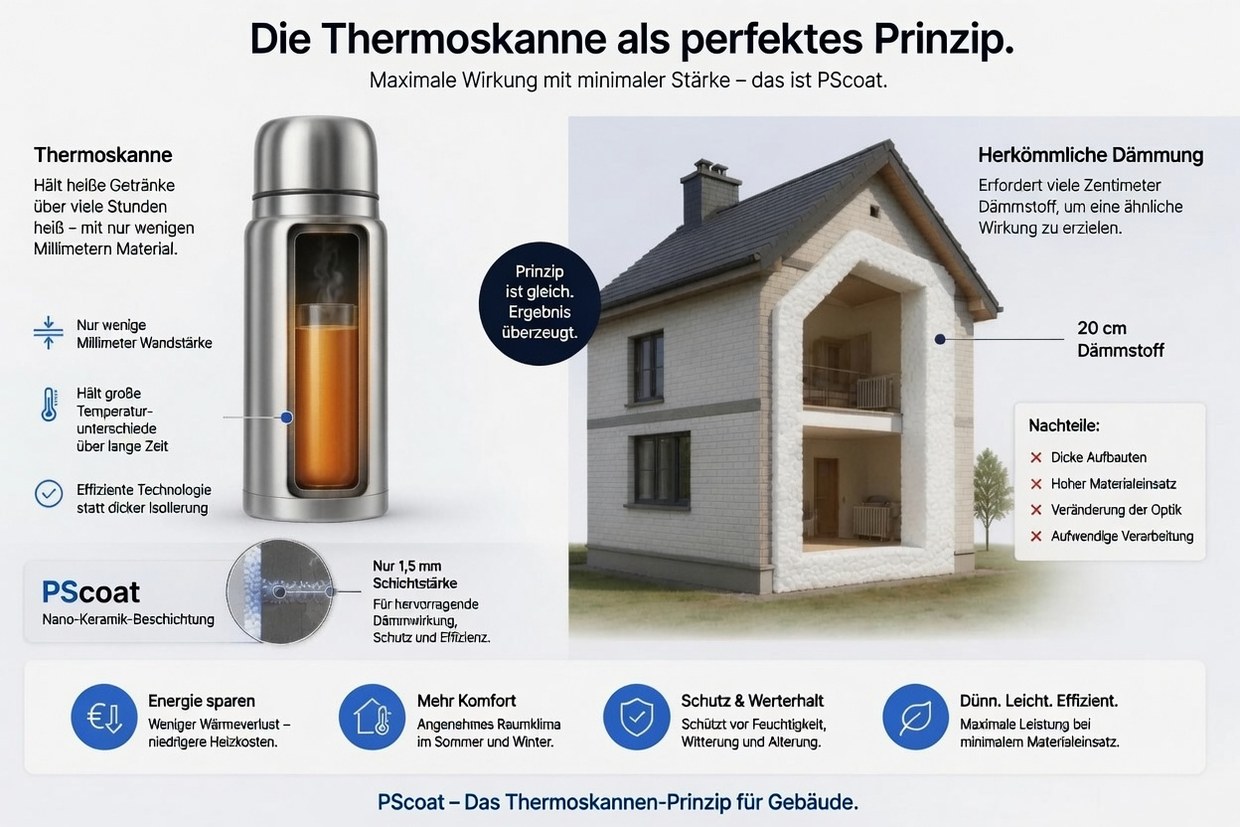 Graphique comparatif : une bouteille thermos conserve la chaleur avec quelques millimètres d'épaisseur de paroi, là où une isolation classique nécessite quinze à vingt centimètres de polystyrène