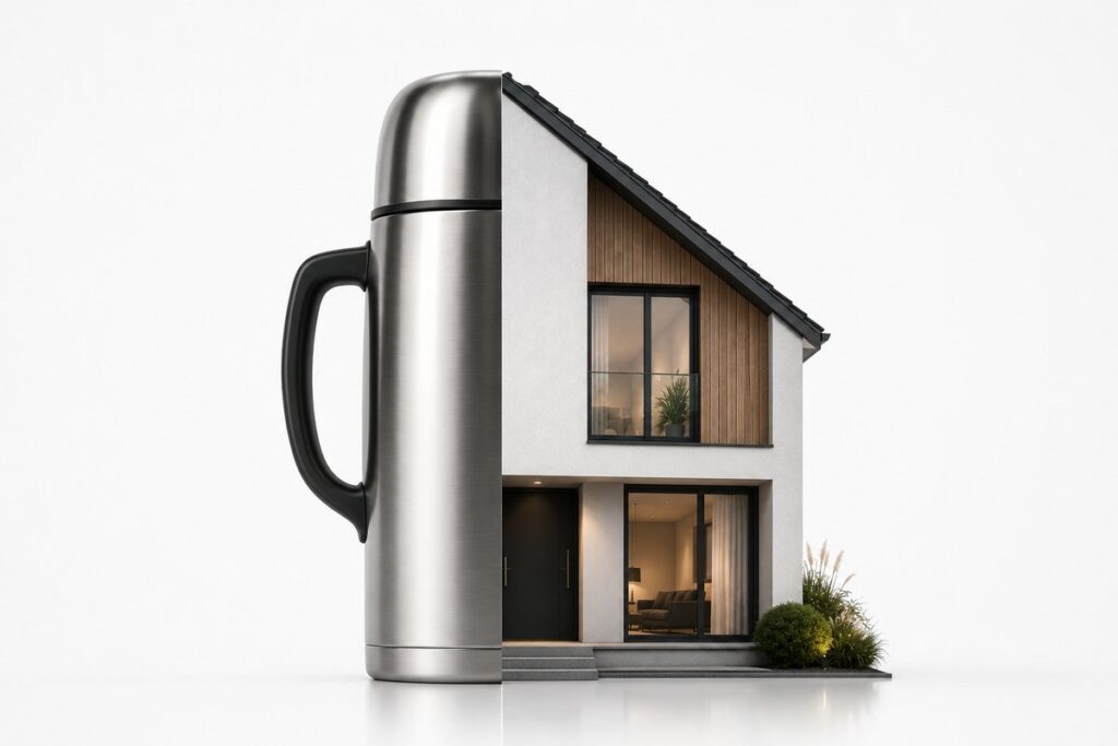 Une maison d'habitation dont la moitié gauche est représentée comme une bouteille thermos — le revêtement retient la chaleur dans le bâtiment, sans épaissir le mur.